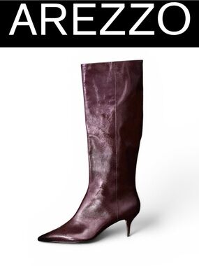 AREZZO SASHA GRAPE BROWN PATENT LEATHER KNEE HIGH LOW STILETTO BOOTS SIZE 9